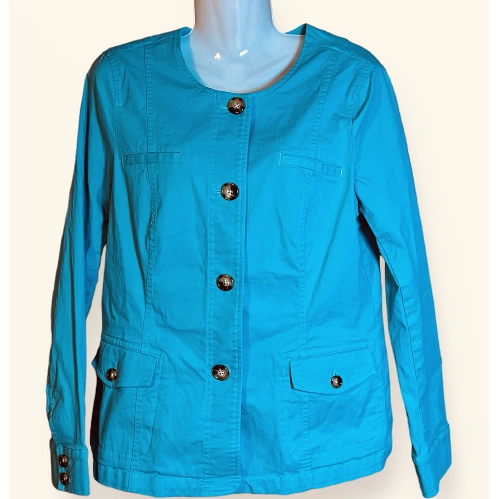 Talbots Womens Jacket 10  Teal Blue  Blazer Stretch Pockets Buttons‎ Office